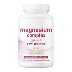 Magnesium Complex for Women, 240 Veggie Capsules | 20-in-1 with Glycinate, Citrate & More + D3, K2, Methylated B Complex, Biotin, Inositol & Ashwagandha. Filler Free, Non-GMO.