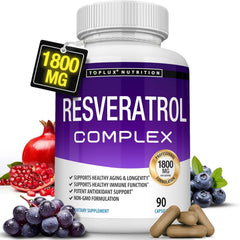 Resveratrol Supplement 1800 mg Antioxidant Complex - Overall Health Support, Brain Function, for Men Women, 90 Capsules