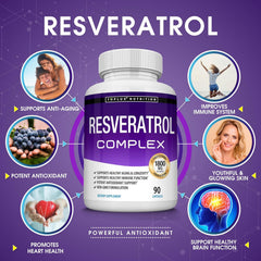Resveratrol Supplement 1800 mg Antioxidant Complex - Overall Health Support, Brain Function, for Men Women, 90 Capsules