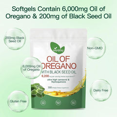 Oil of Oregano Capsules, Balanced Oil of Oregano with Black Seed Oil, Organic OreganoOil Softgels,Non-GMO