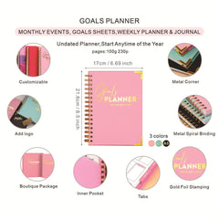 Goals Planner Notebook – Hardcover Spiral-Bound Journal for Daily Planning & Goal Setting