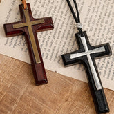 1-Pack Wooden Cross Pendant Necklaces - Vintage Religious Leather Cord