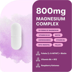 Magnesium Complex for Women, 240 Veggie Capsules | 20-in-1 with Glycinate, Citrate & More + D3, K2, Methylated B Complex, Biotin, Inositol & Ashwagandha. Filler Free, Non-GMO.