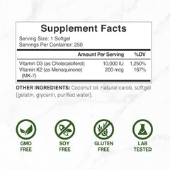 D3 & K2 MK-7 Synergy Complex | Supports Immune, Bone & Dental Health | 250 Easy-Swallow Softgels with Coconut Oil