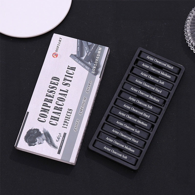 12pcs compressed charcoal sticks set, soft medium hard square charcoal for sketching drawing