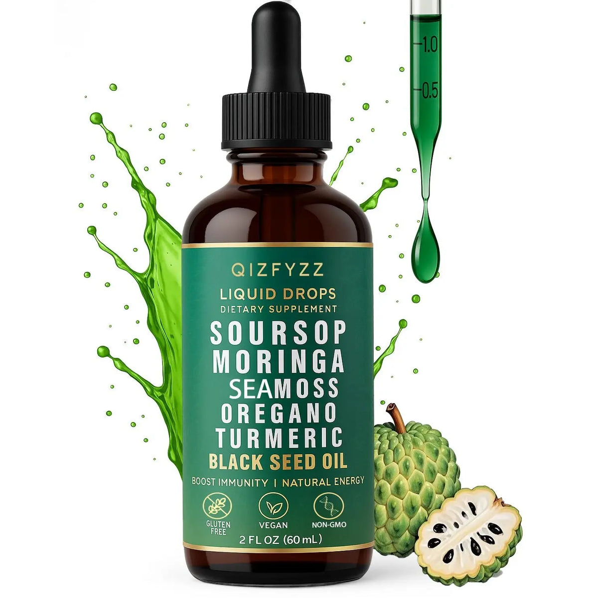 Soursop Bitters Liquid Drops 10-in-1 with  Moringa, Turmeric, Black Seed Oil, Oregano| Herbal Extracts for Overall Health | Vegan, Non-GMO | 2 fl. oz